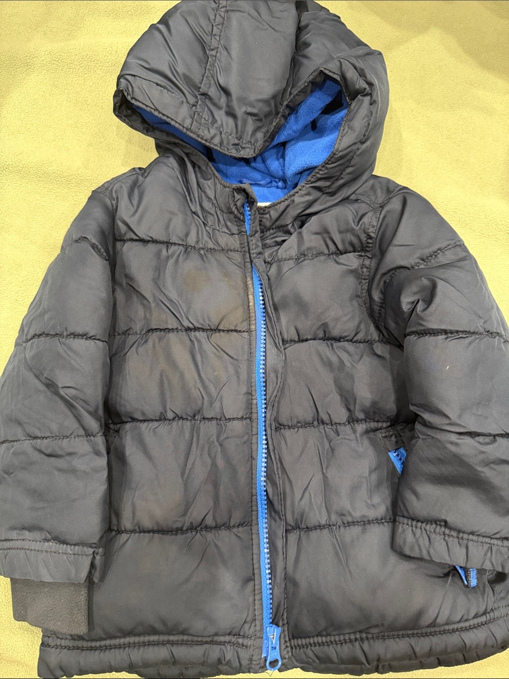 Old Navy Black Puffer Coat with Blue Trim and Hood